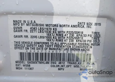 2015 Mitsubishi Outlander Sport Es из США, поврежденный, VIN 4A4AP3AW6FE061328